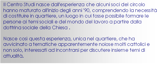 Casella di testo: Il Centro Studi nasce dall'esperienza che alcuni soci del circolo hanno maturato all'inizio degli anni '90, comprendendo la necessit di costituire in quartiere, un luogo in cui fosse possibile formare le persone ai temi sociali e del mondo del lavoro a partire dalla dottrina sociale della Chiesa .
Nasce cos questa esperienza, unica nel quartiere, che ha avvicinato a tematiche apparentemente noiose molti cattolici e non solo, interessati ad incontrarsi per discutere insieme temi di attualit.

